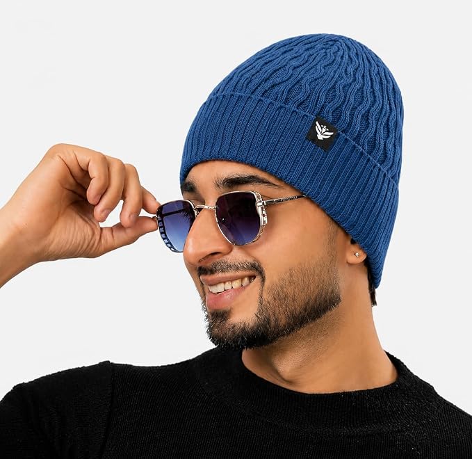 Unisex Woolen Beanie Cap | Warm Winter Hat | Zigzag Design - Airforce