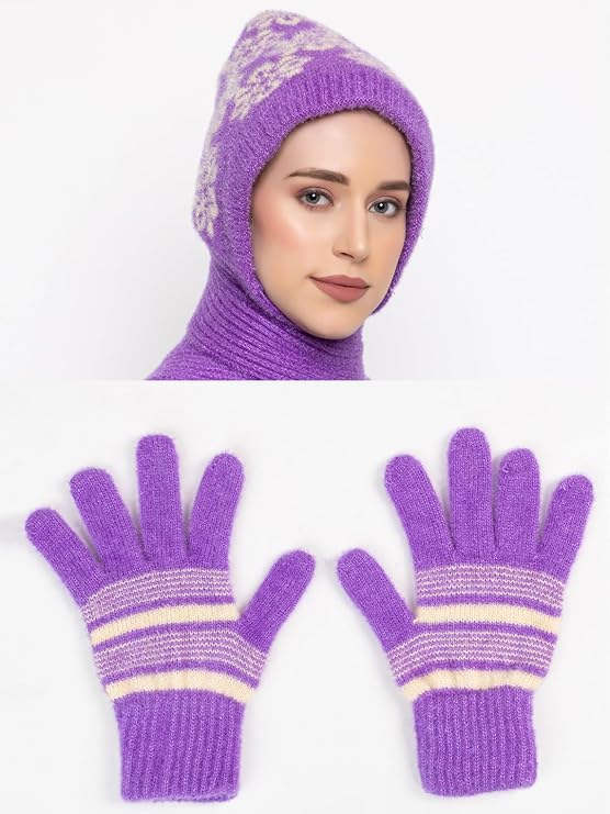 AMOLDO Women's Soft Knit Fur Cap with Muffler and Gloves Combo | Purple