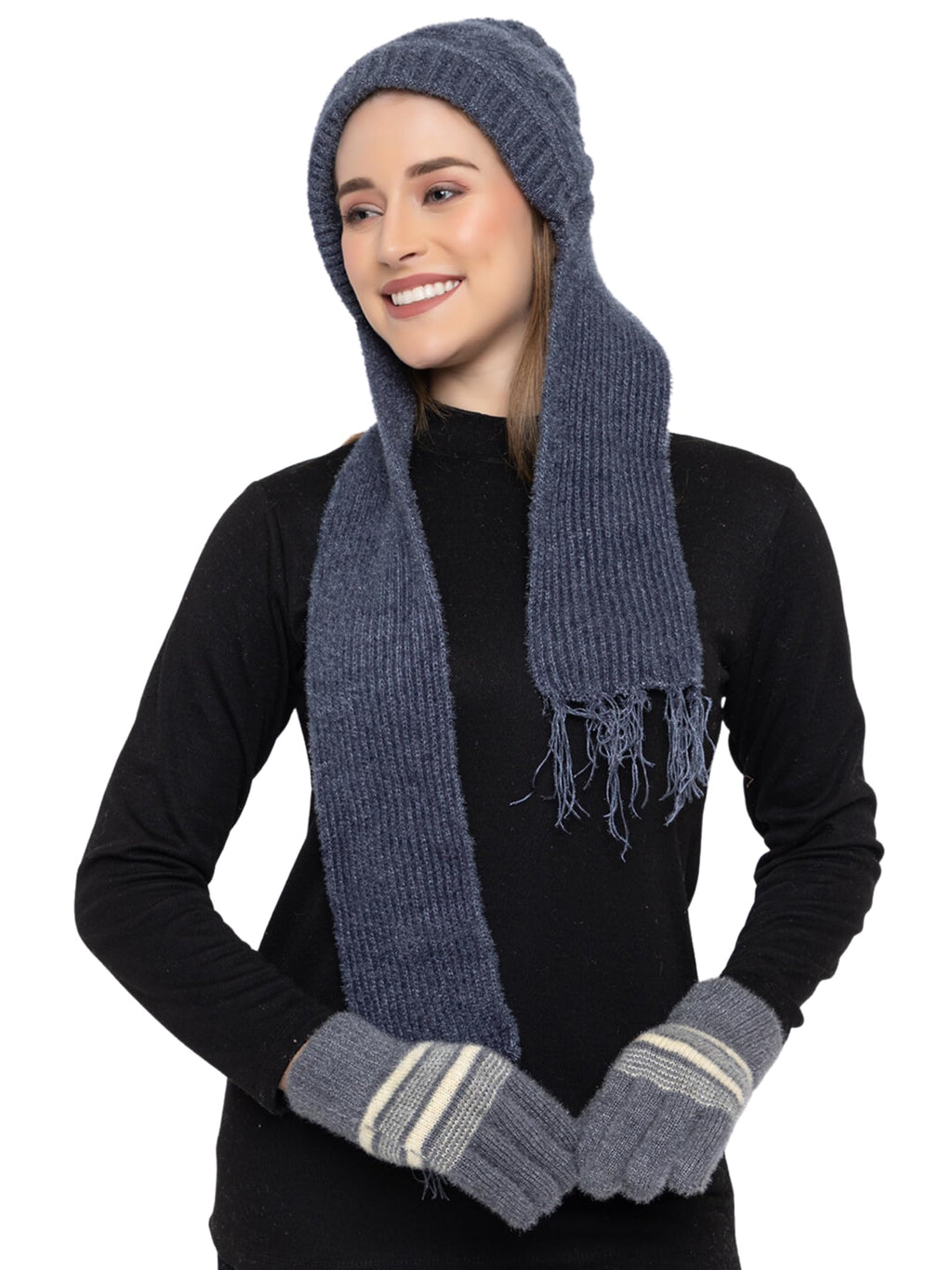 AMOLDO Women's Soft Knit Fur Cap with Muffler and Gloves Combo | Grey