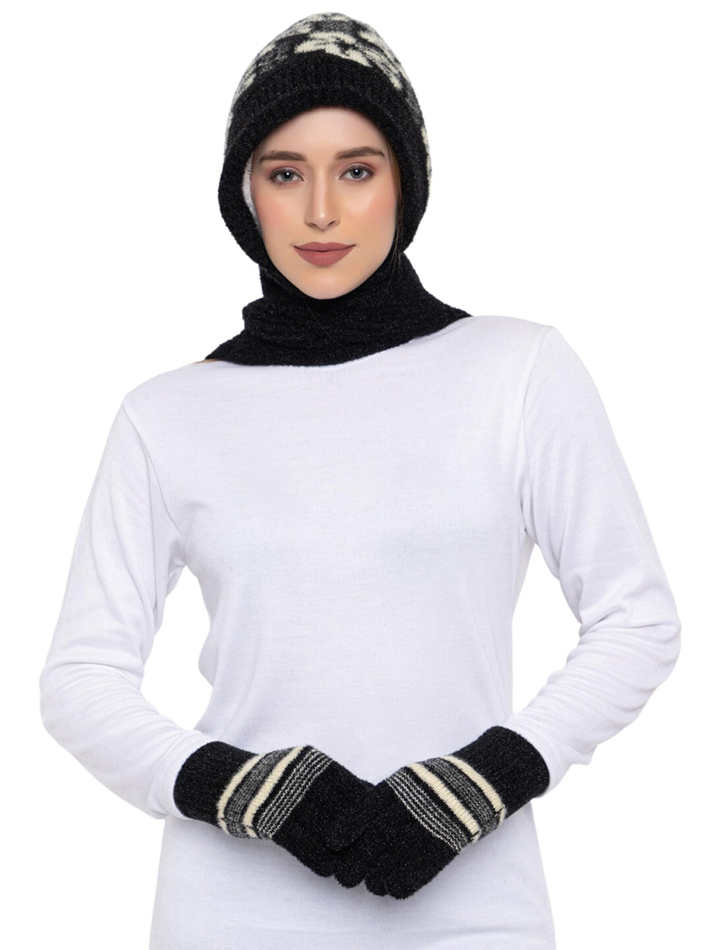 AMOLDO Women's Soft Knit Fur Cap with Muffler and Gloves Combo | Black