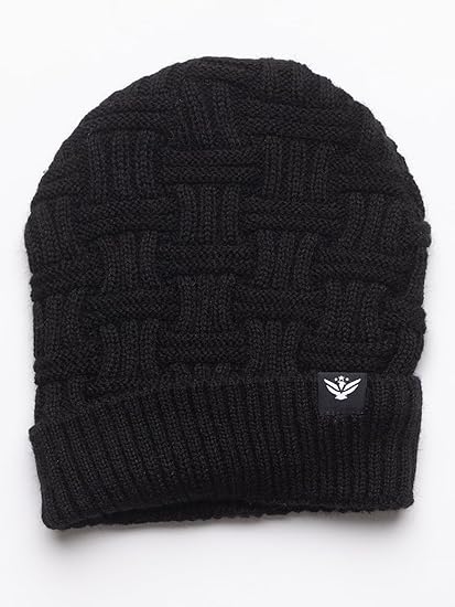 Unisex Winter Woolen Beanie Cap with Criss-Cross Design and Fur Lining – Black