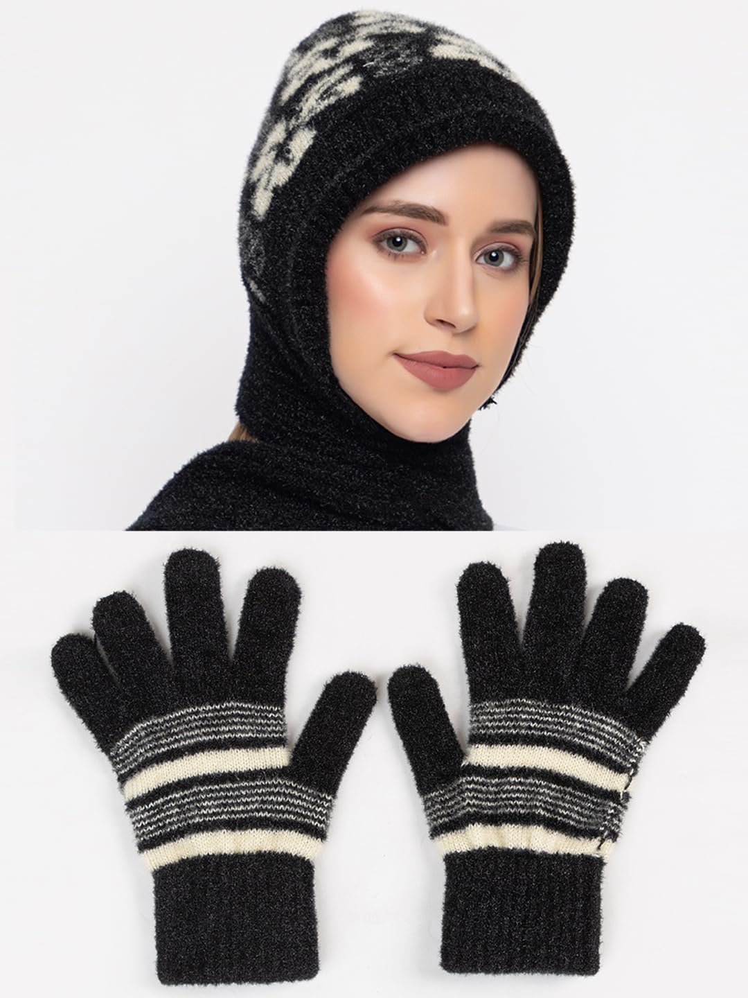 AMOLDO Women's Soft Knit Fur Cap with Muffler and Gloves Combo | Black