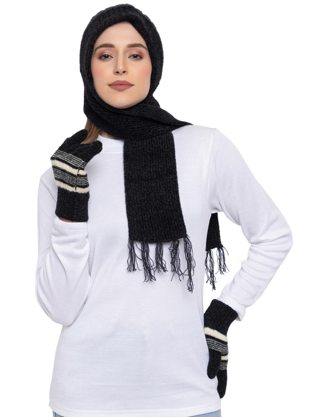 AMOLDO Women's Soft Knit Fur Cap with Muffler and Gloves Combo | Black