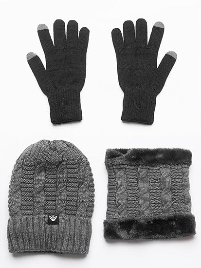 grey beanie neck set with gloves