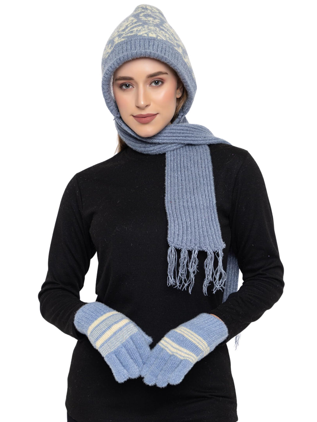 AMOLDO Women's Soft Knit Fur Cap with Muffler and Gloves Combo | Light Grey