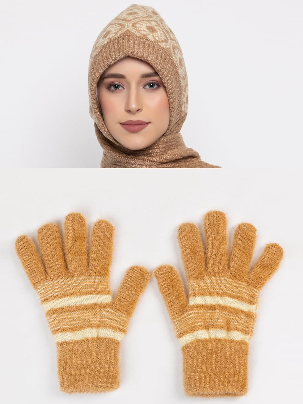 AMOLDO Women's Soft Knit Fur Cap with Muffler and Gloves Combo | Beige