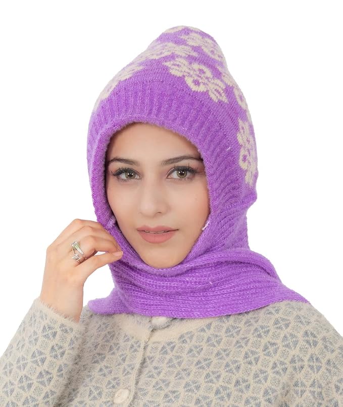 AMOLDO Women's Soft Knit Fur Cap with Muffler and Gloves Combo | Purple