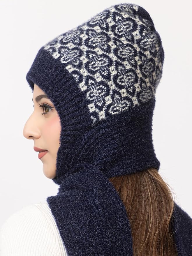Women's Wool Blend Cap with Muffler - Navy | Amoldo