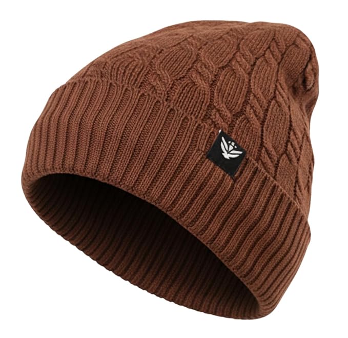 Unisex Brown Winter Wool Cap | Warm Soft Stretch Beanie with Braid Design