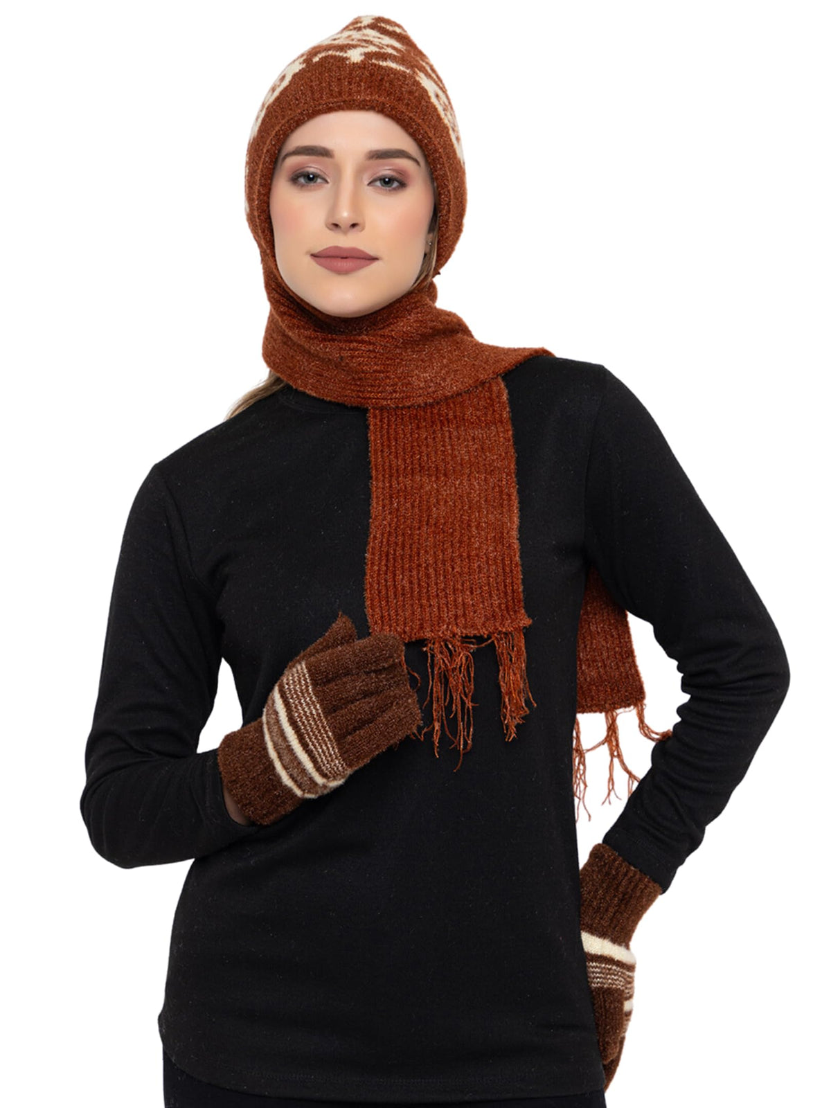 AMOLDO Women's Soft Knit Fur Cap with Muffler and Gloves Combo | Brown