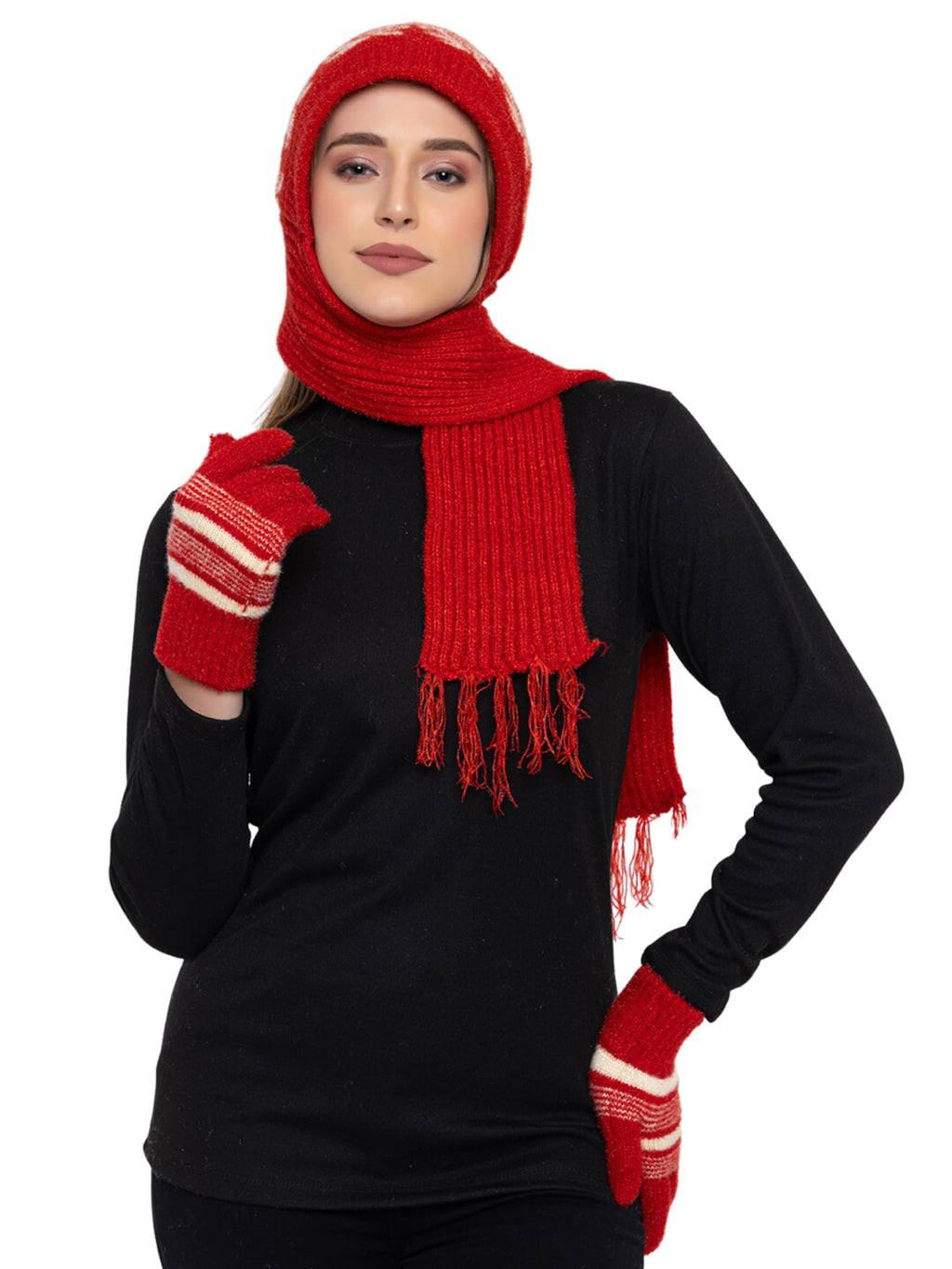 AMOLDO Women's Soft Knit Fur Cap with Muffler and Gloves Combo | Red