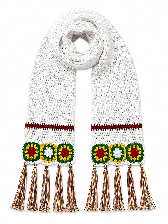 AMOLDO Women’s Handmade Crochet Winter Scarf with Floral Tassels