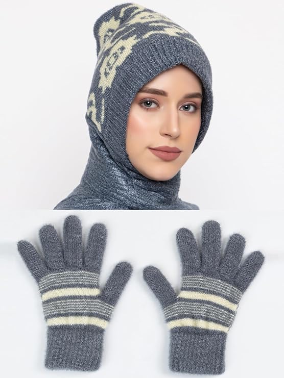 AMOLDO Women's Soft Knit Fur Cap with Muffler and Gloves Combo | Grey