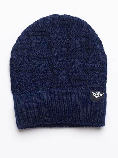 Unisex Winter Woolen Beanie Cap with Criss-Cross Design and Fur Lining – Navy