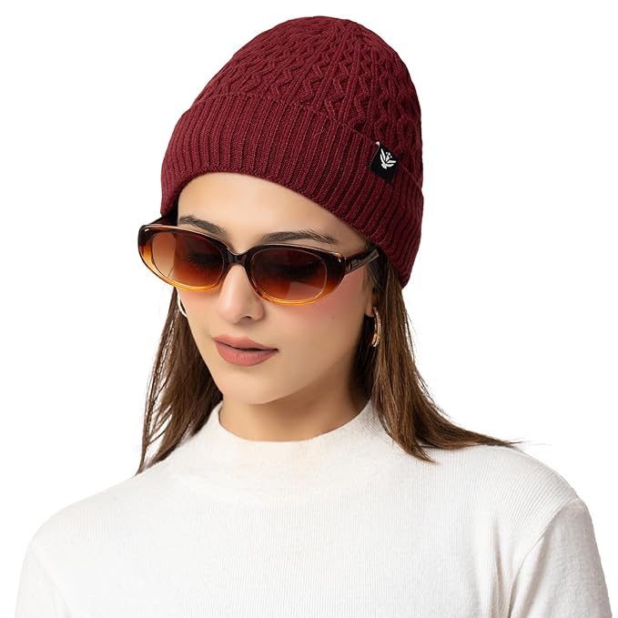 Unisex Woolen Beanie Cap | Warm Winter Hat | Zigzag Design - Maroon