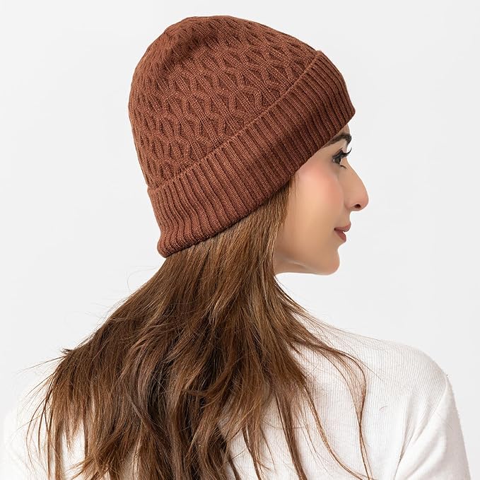 Unisex Woolen Beanie Cap | Warm Winter Hat | Zigzag Design - Brown