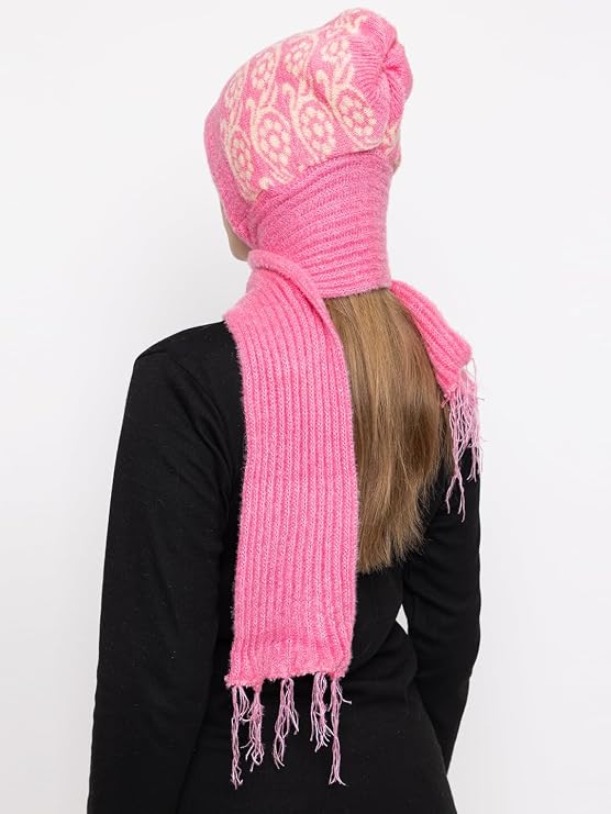 AMOLDO Women's Soft Knit Fur Cap with Muffler and Gloves Combo | Pink