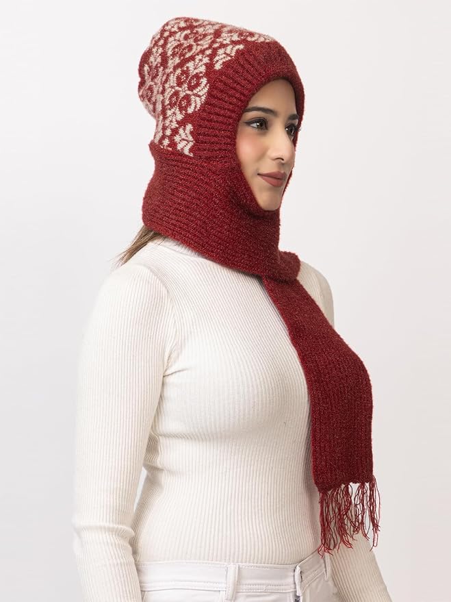 Women's Wool Blend Cap with Muffler - Maroon | Amoldo