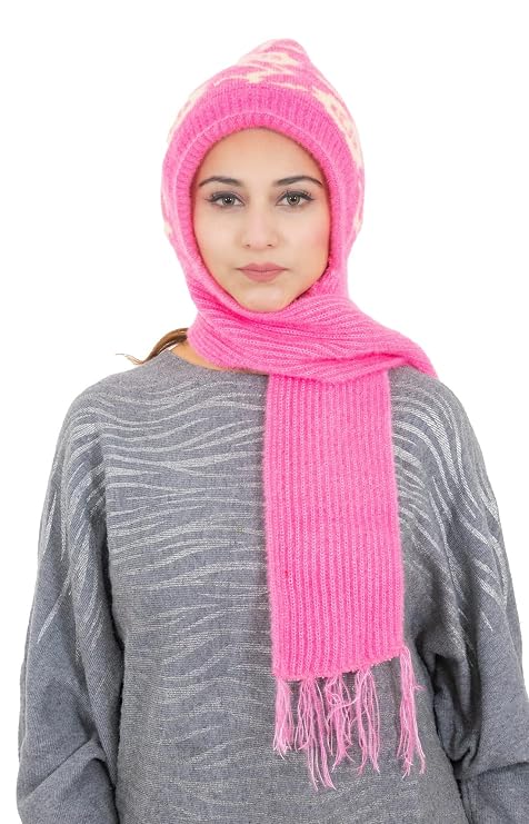 Woolen Printed Muffler Cap for Women- Pink | AMOLDO