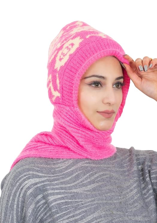 Woolen Printed Muffler Cap for Women- Pink | AMOLDO