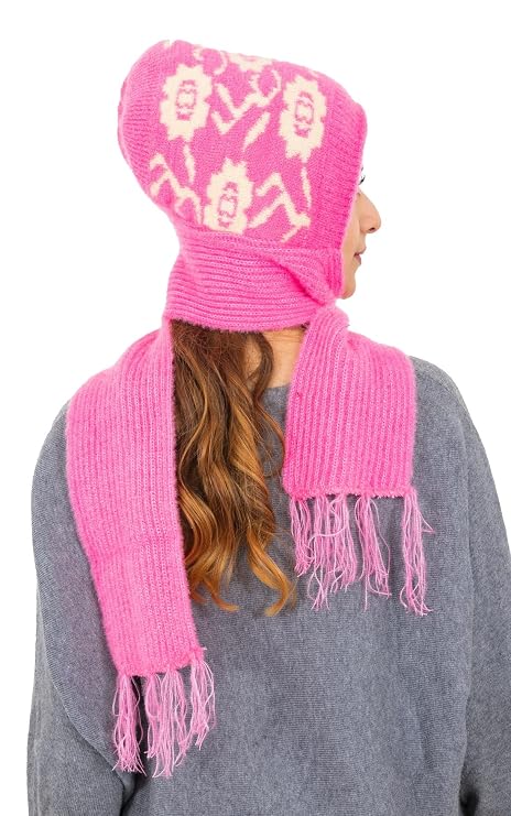 Woolen Printed Muffler Cap for Women- Pink | AMOLDO