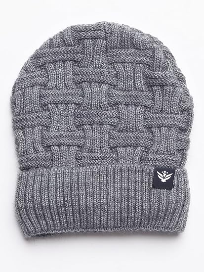 Unisex Winter Woolen Beanie Cap with Criss-Cross Design and Fur Lining – Grey