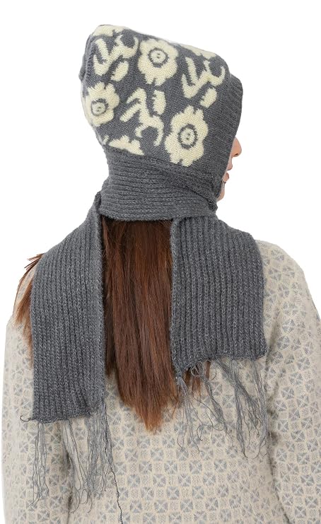 AMOLDO Women's Soft Knit Fur Cap with Muffler and Gloves Combo | Grey
