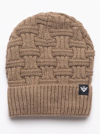 Unisex Winter Woolen Beanie Cap with Criss-Cross Design and Fur Lining – Beige