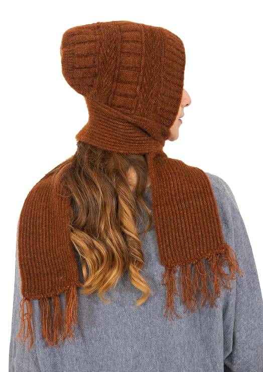 AMOLDO Women's Soft Knit Fur Cap with Muffler and Gloves Combo | Brown