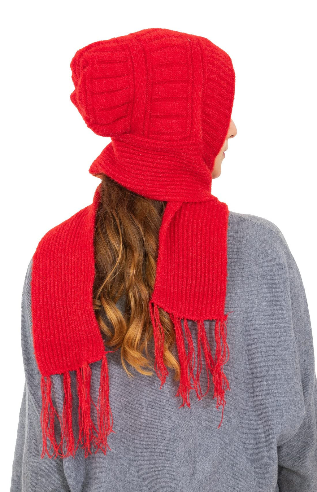 AMOLDO Women's Soft Knit Fur Cap with Muffler and Gloves Combo | Red