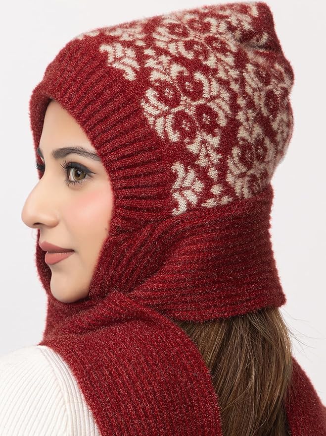 Women's Wool Blend Cap with Muffler - Maroon | Amoldo