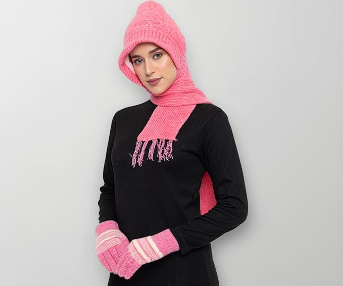 AMOLDO Women's Soft Knit Fur Cap with Muffler and Gloves Combo | Pink