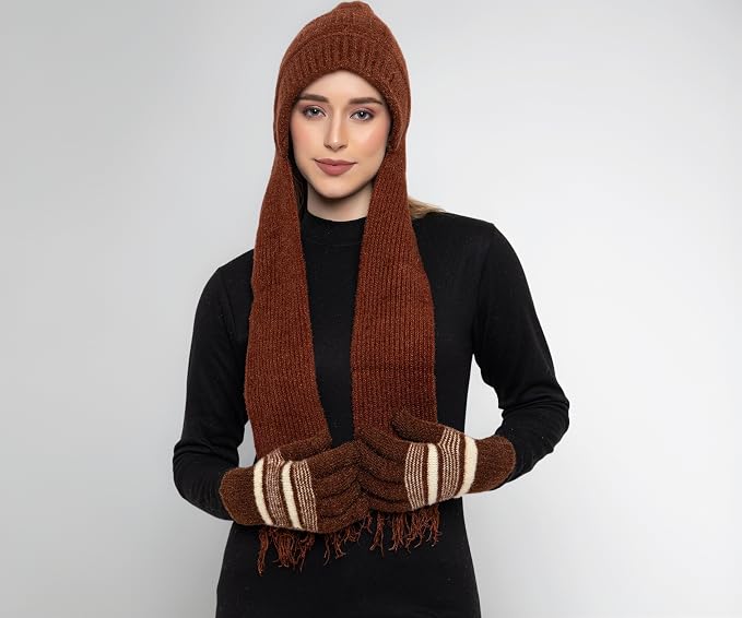 AMOLDO Women's Soft Knit Fur Cap with Muffler and Gloves Combo | Brown