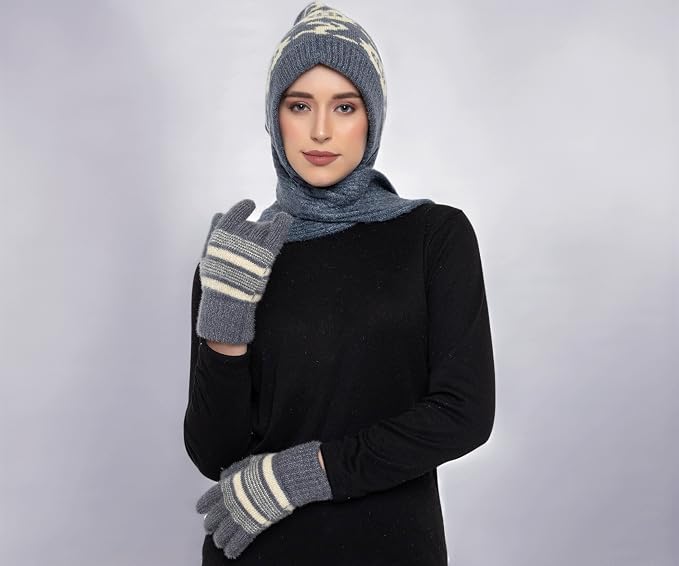 AMOLDO Women's Soft Knit Fur Cap with Muffler and Gloves Combo | Grey