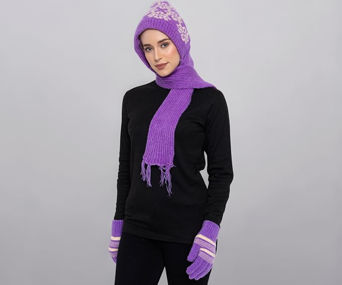 AMOLDO Women's Soft Knit Fur Cap with Muffler and Gloves Combo | Purple