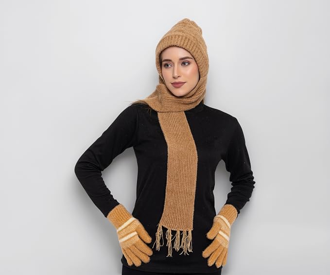 AMOLDO Women's Soft Knit Fur Cap with Muffler and Gloves Combo | Beige