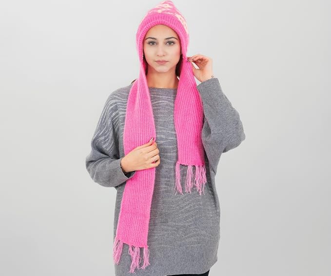 Woolen Printed Muffler Cap for Women- Pink | AMOLDO