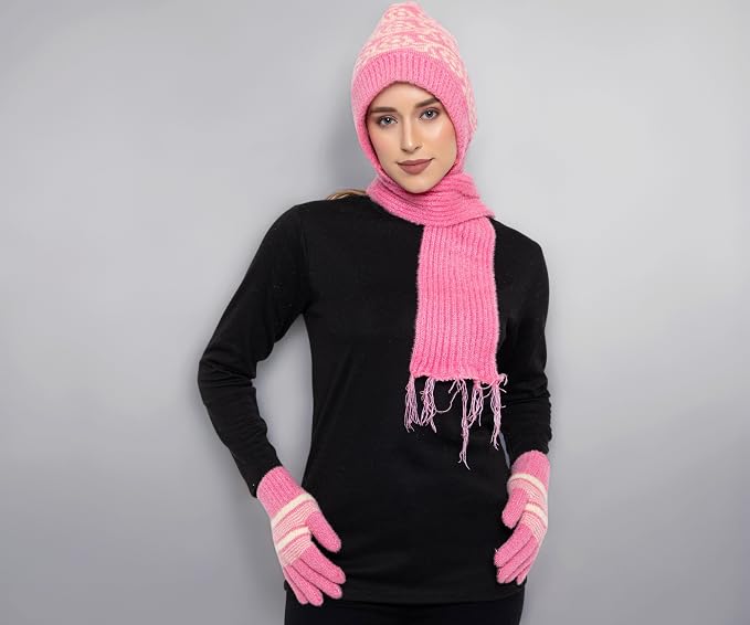 AMOLDO Women's Soft Knit Fur Cap with Muffler and Gloves Combo | Pink