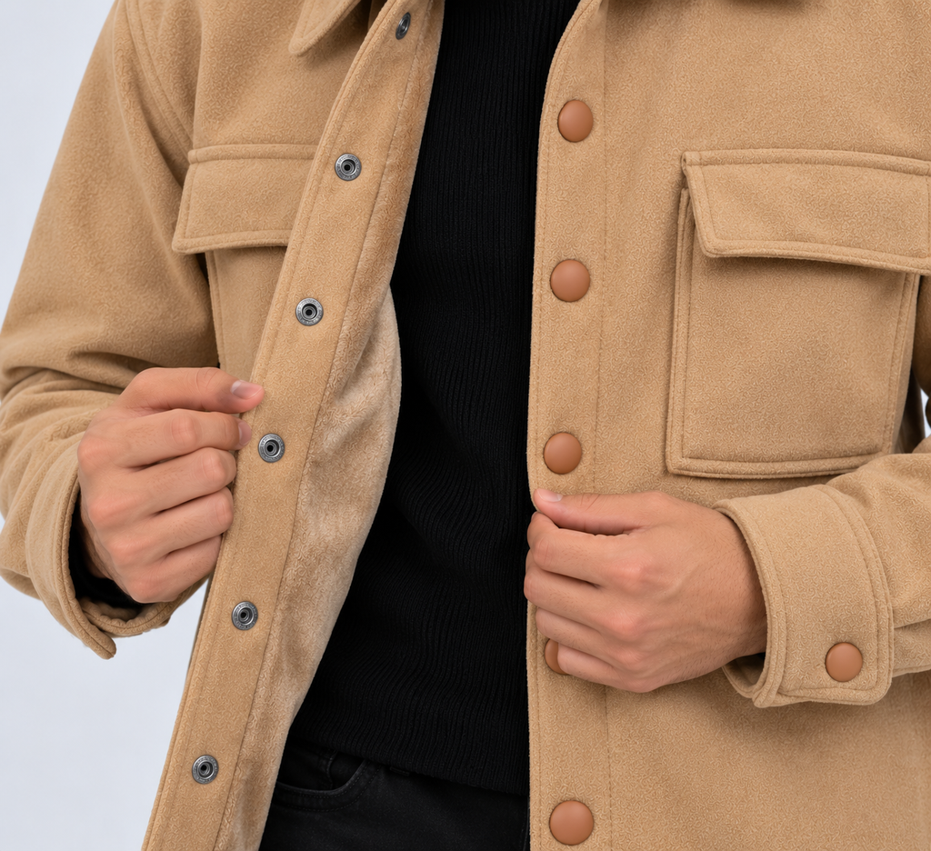 AMOLDO Men's Shacket with Snap Button Closure and Dual Chest Pockets | Velvet Fleece Lined | Beige