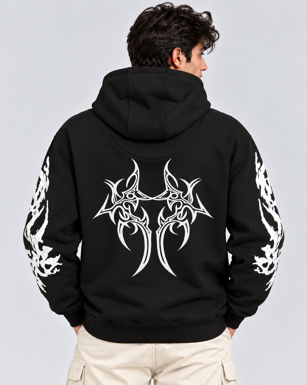 Men's Hooded Sweatshirt with White Graphic Print | 400+ GSM | Black