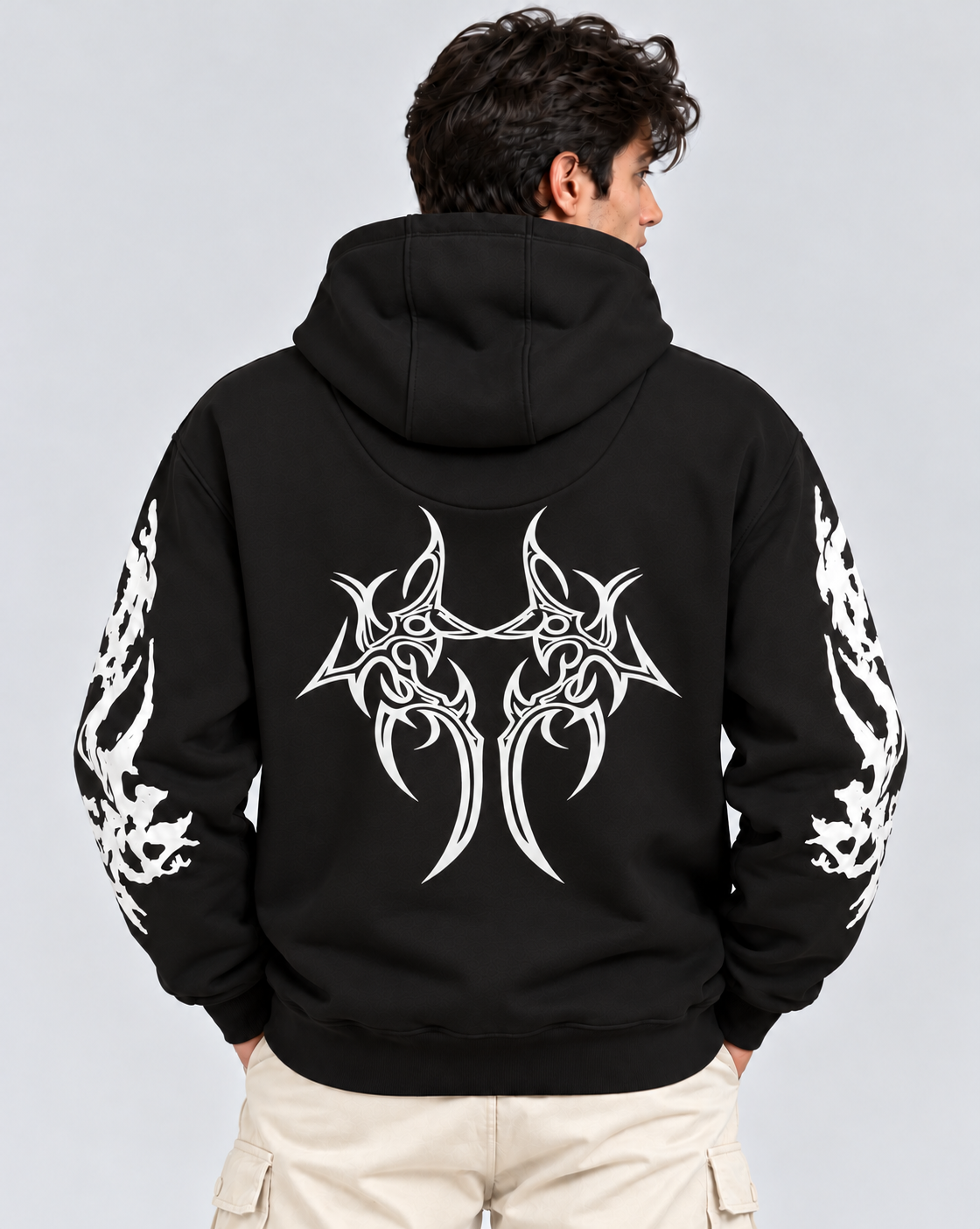 Men's Hooded Sweatshirt with White Graphic Print | 400+ GSM | Black