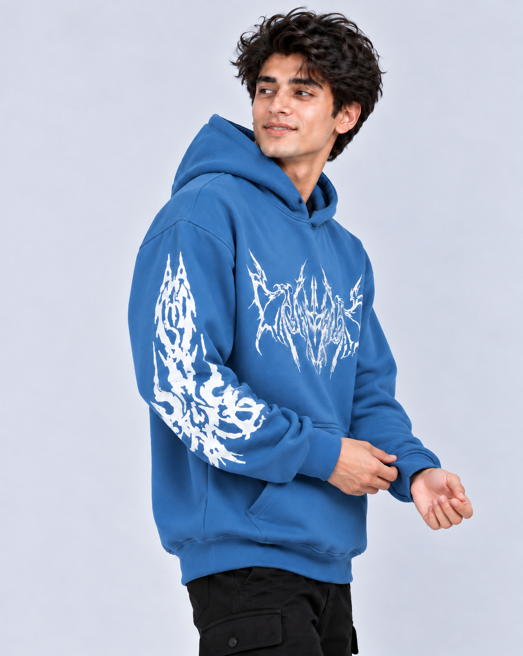 Men's Hooded Sweatshirt with White Graphic Print | 400+ GSM | Blue