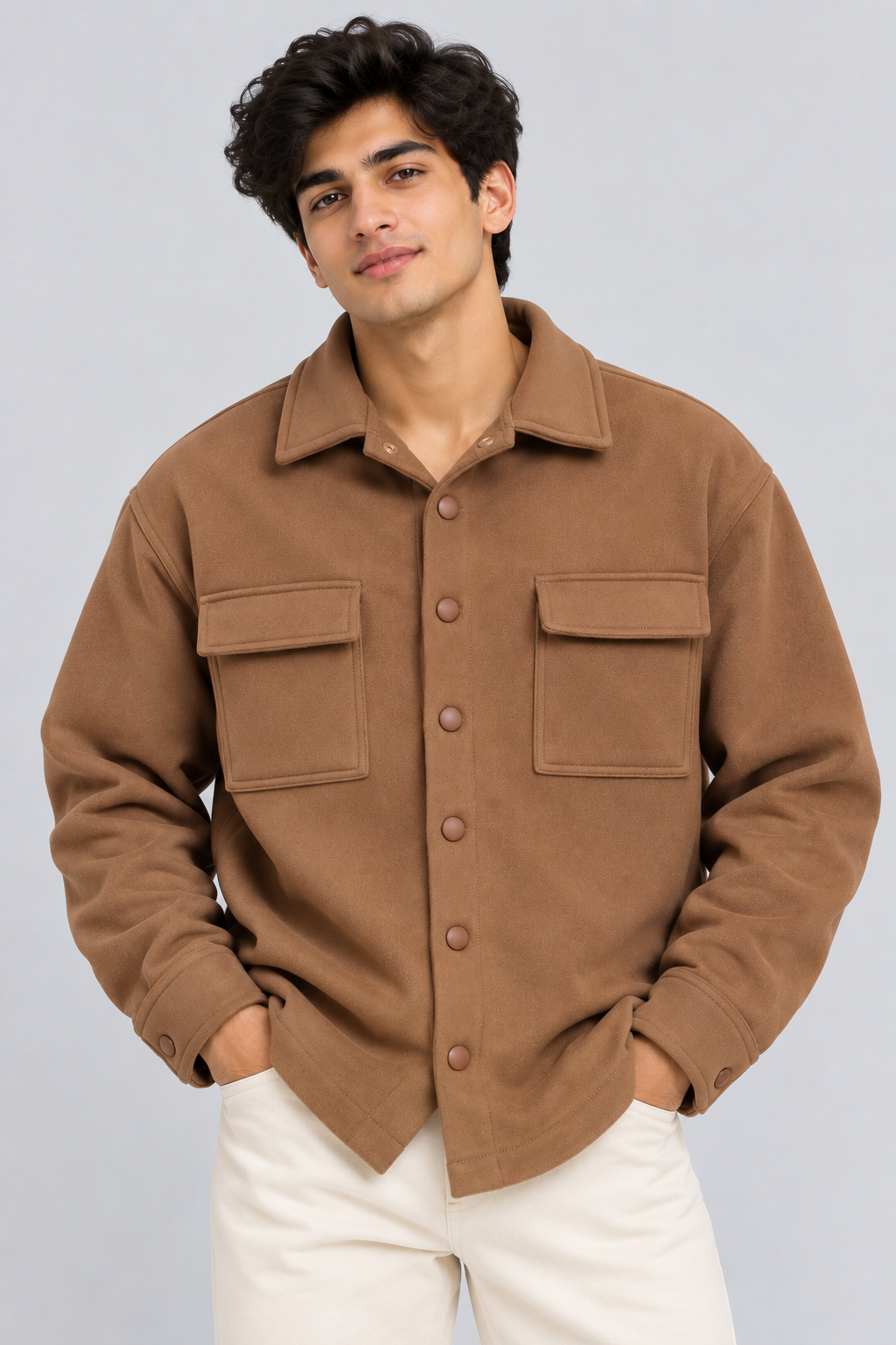 AMOLDO Men's Shacket with Snap Button Closure and Dual Chest Pockets | Velvet Fleece Lined | Brown