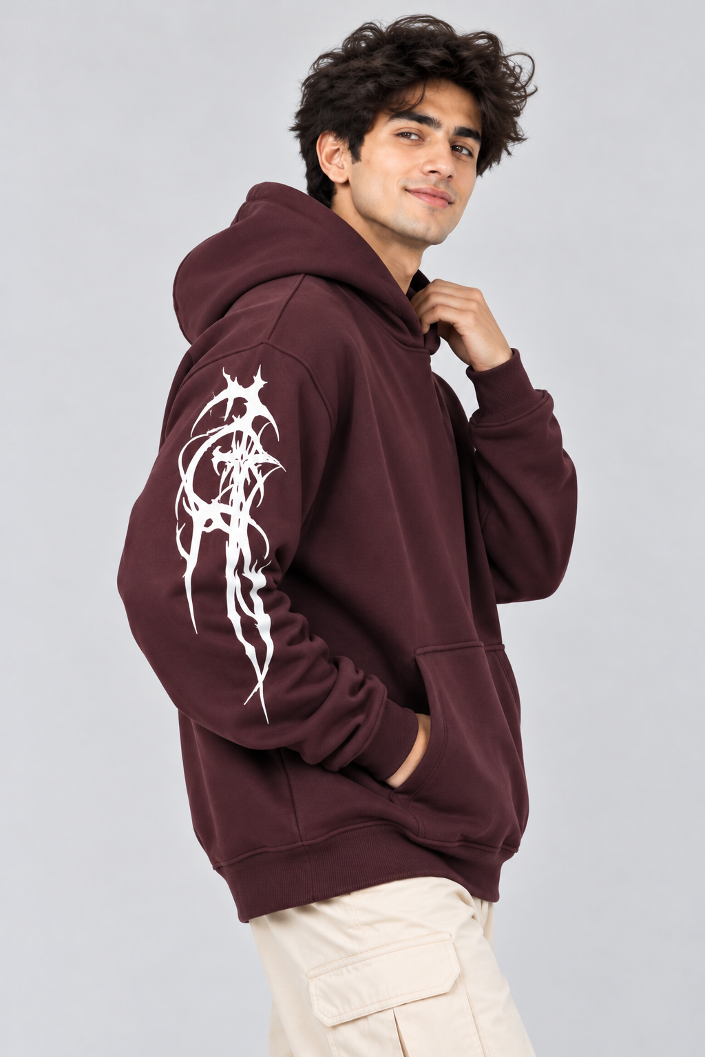 Men's Hooded Sweatshirt with White Graphic Print | 400+ GSM | Maroon