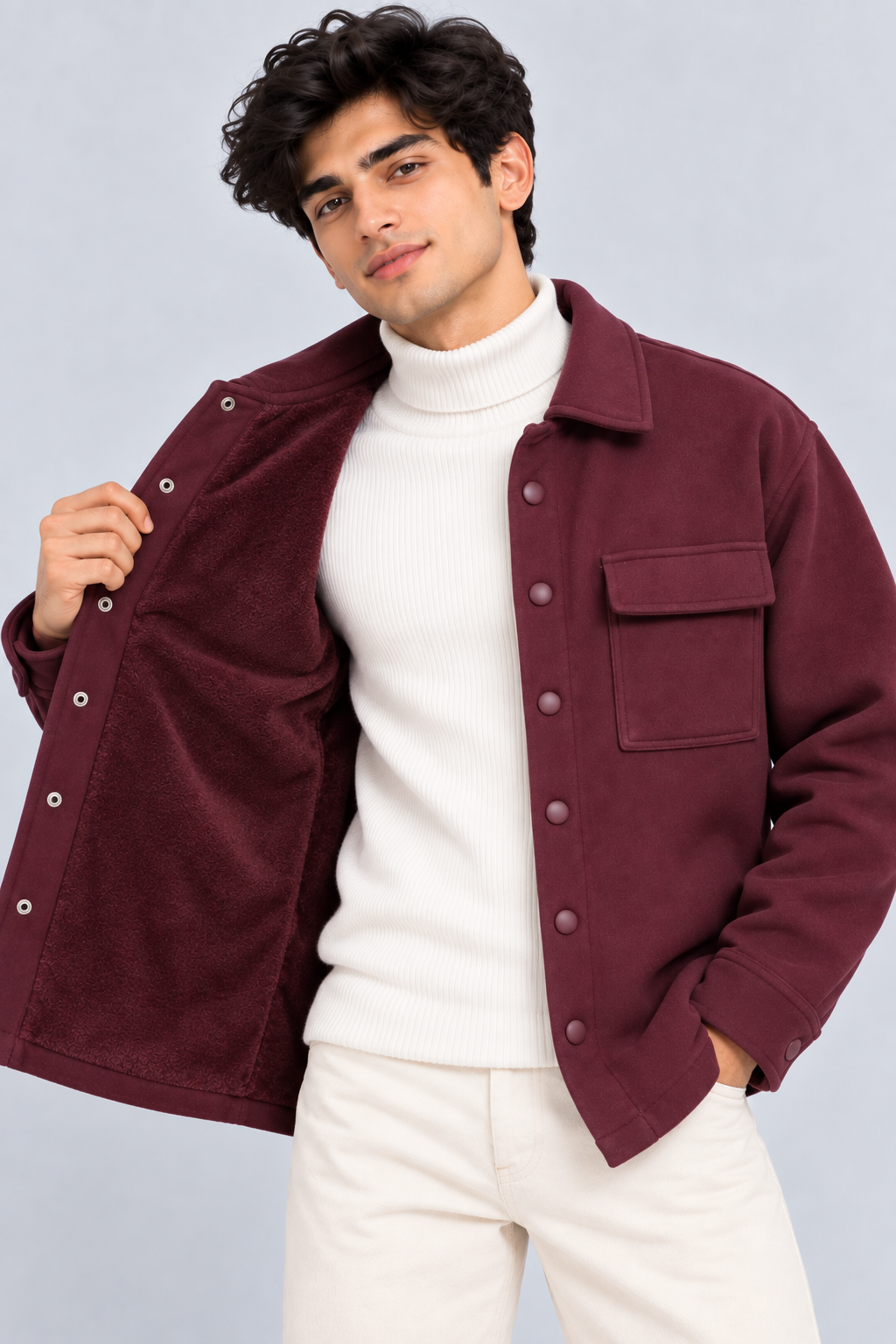 AMOLDO Men's Shacket with Snap Button Closure and Dual Chest Pockets | Velvet Fleece Lined | Wine
