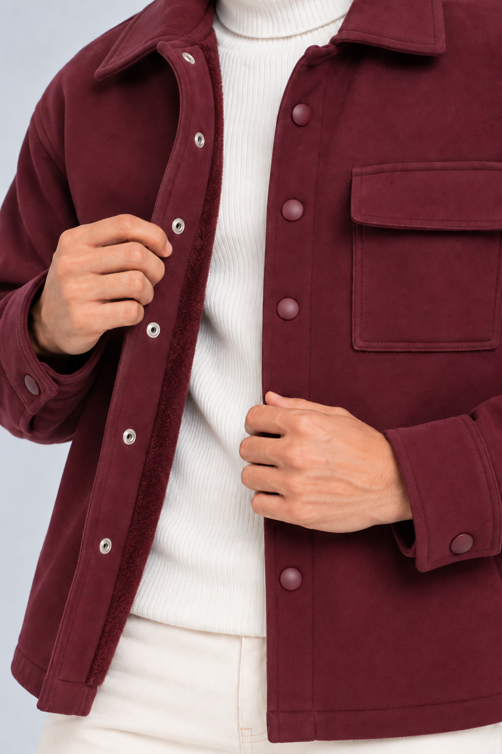 AMOLDO Men's Shacket with Snap Button Closure and Dual Chest Pockets | Velvet Fleece Lined | Wine