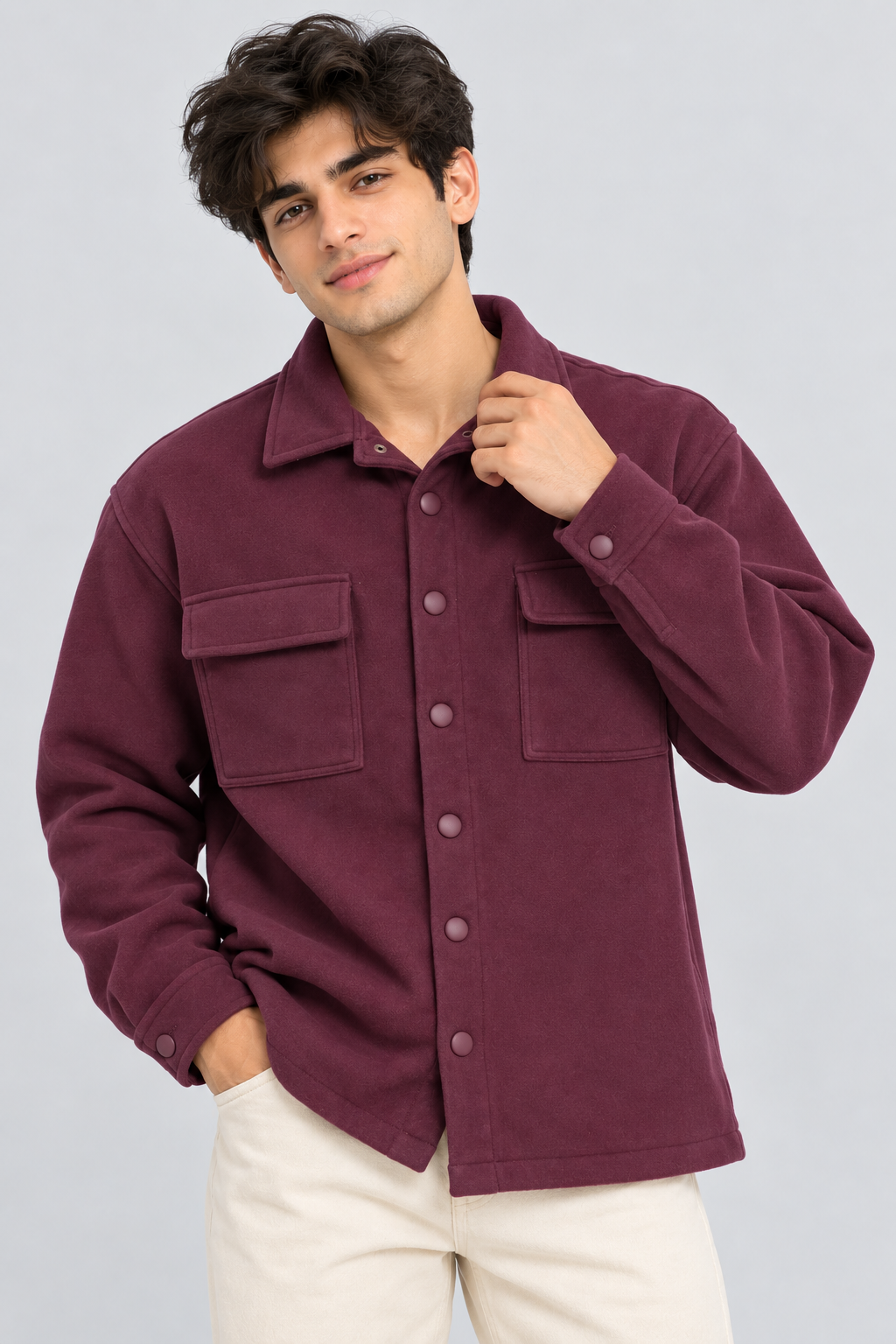AMOLDO Men's Shacket with Snap Button Closure and Dual Chest Pockets | Velvet Fleece Lined | Wine