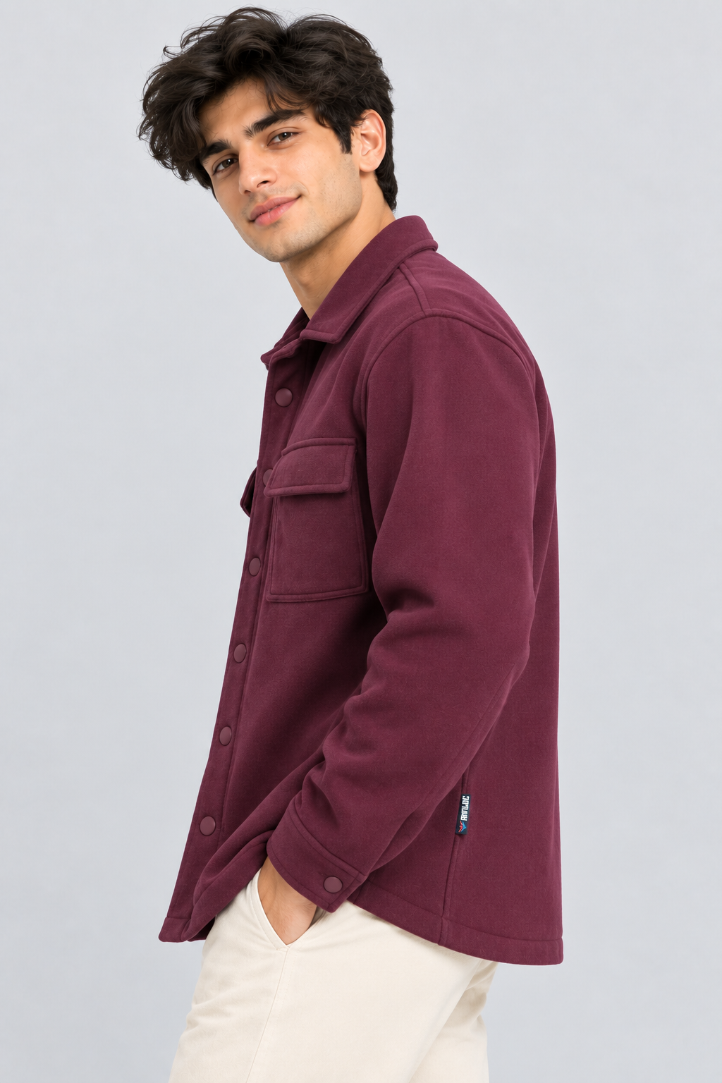 AMOLDO Men's Shacket with Snap Button Closure and Dual Chest Pockets | Velvet Fleece Lined | Wine