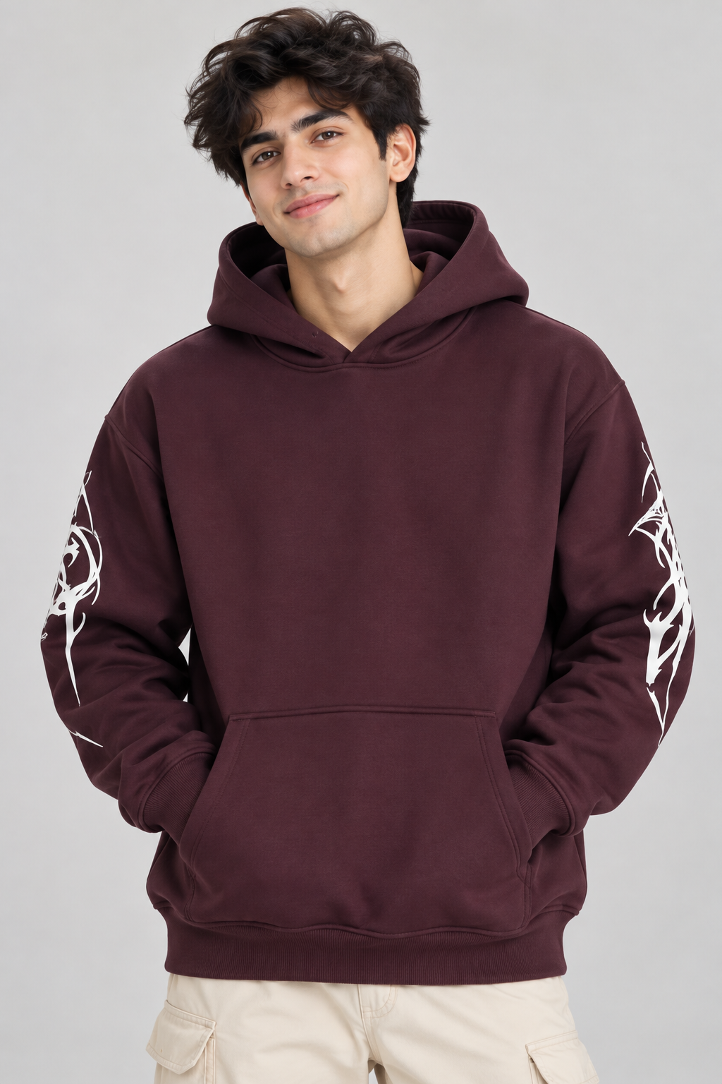 Men's Hooded Sweatshirt with White Graphic Print | 400+ GSM | Maroon