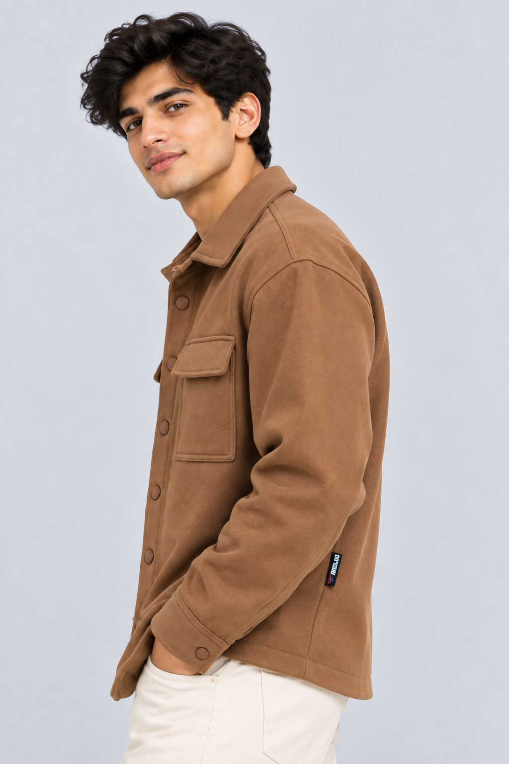 AMOLDO Men's Shacket with Snap Button Closure and Dual Chest Pockets | Velvet Fleece Lined | Brown